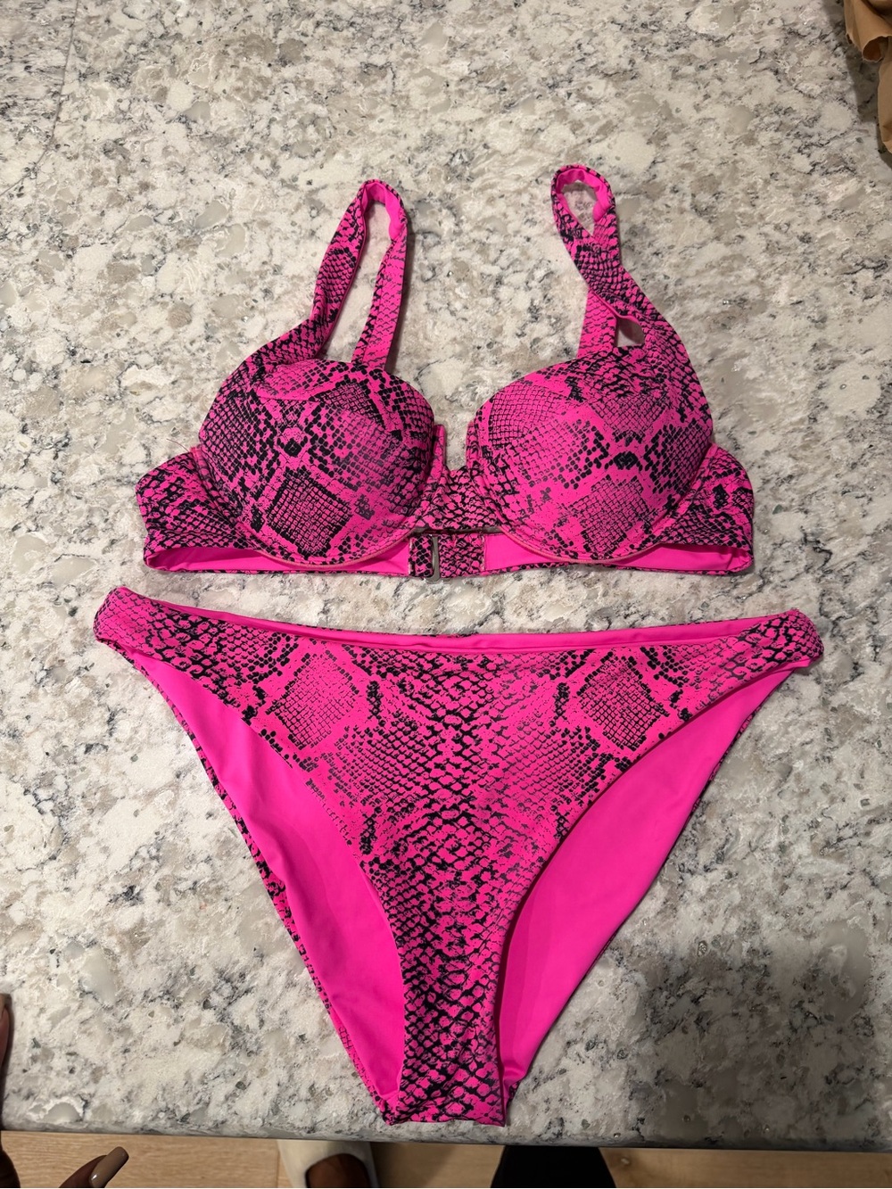Women's Hot Pink Snake Print Bikini Set - Push-Up Top & Low-Rise Bottom